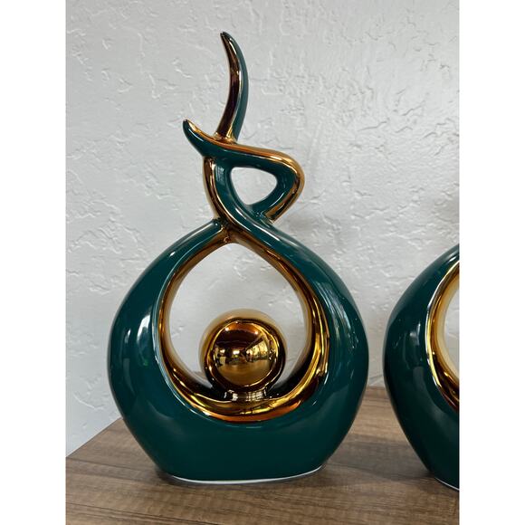 Modern Abstract Green & Gold Ceramic Sculptures Pair | 11” Decor Accents - Picture 7 of 13